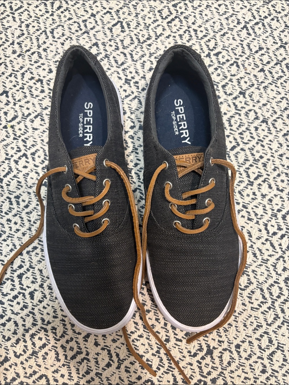 Sperry Black Canvas Boat Shoes with Tan Laces